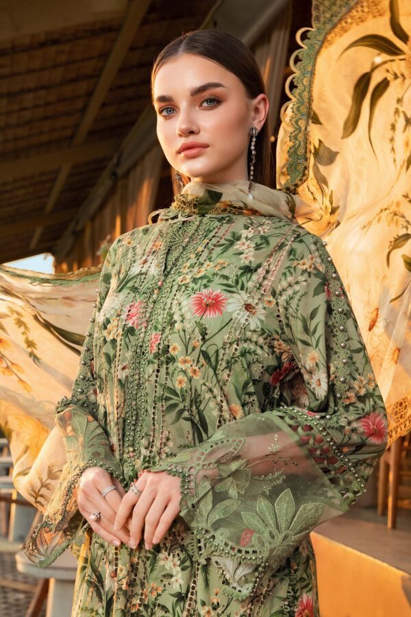 HS Dhanak 3 Piece Embroidery Shirt Printed Dupatta Dyed Trouser | HS-18D - Image 3