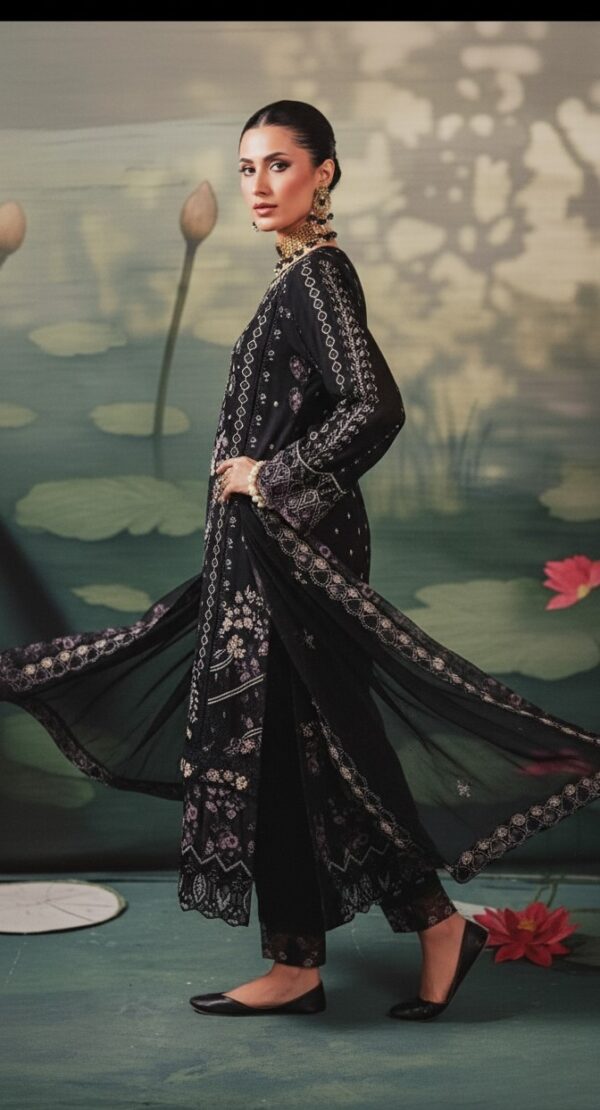 HS Classic Black Embroidered Dhanak 3-Piece Suit | H.S-05D - Image 3