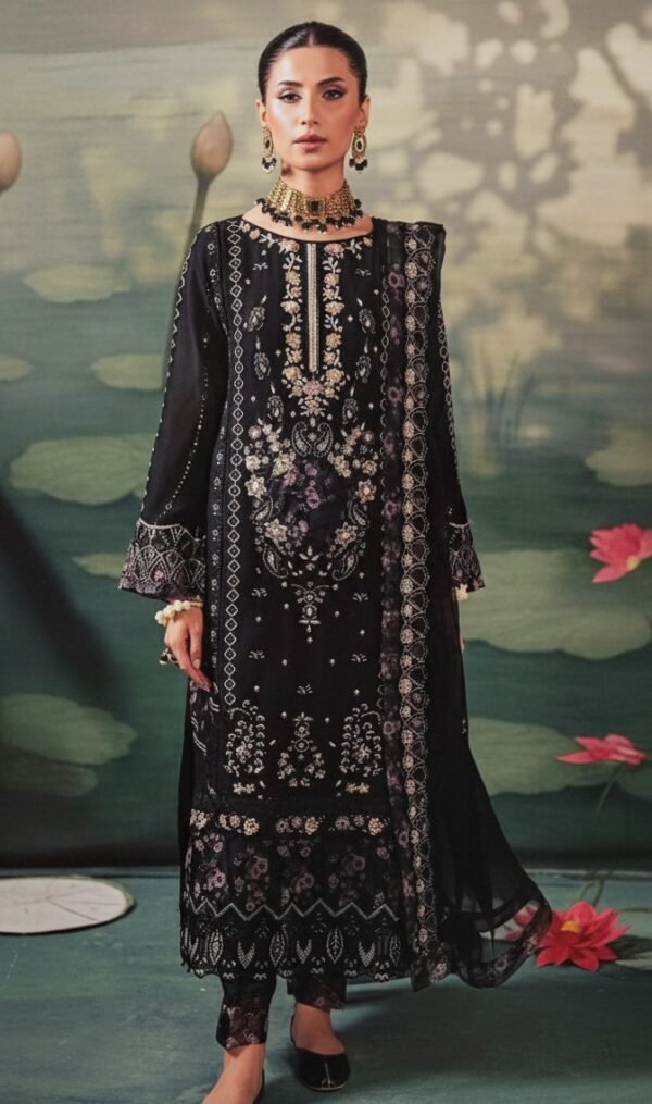 HS Classic Black Embroidered Dhanak 3-Piece Suit | H.S-05D