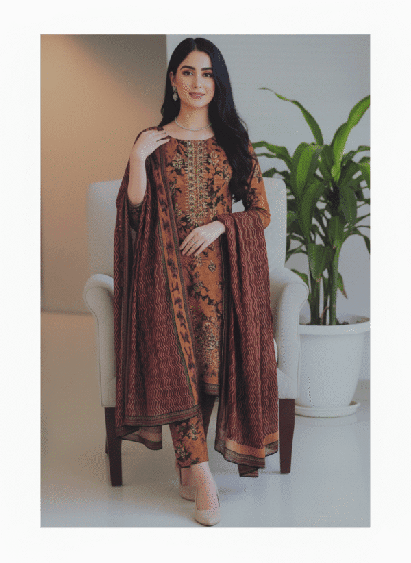 HS Dhanak piece Embroidery Shirt Printed Dupatta Dyed Trouser| H.S-14D