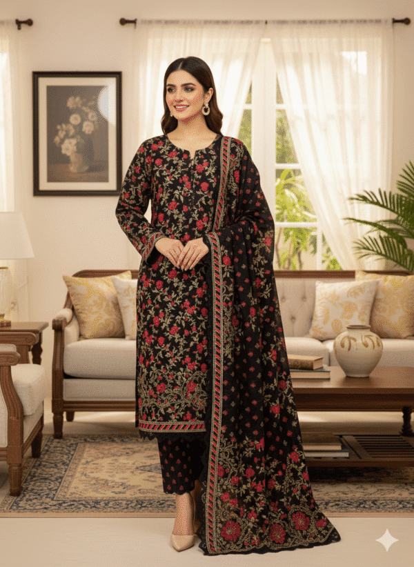 Ebony Rose Dhanak Unstitched Elegance Embroidery Shirt & Printed Trouser and Shawl | H.S-17D - Image 2