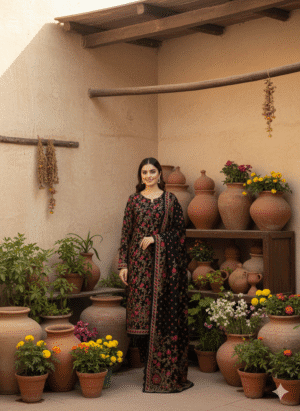 Ebony Rose Dhanak Unstitched Elegance Embroidery Shirt & Printed Trouser and Shawl | H.S-17D