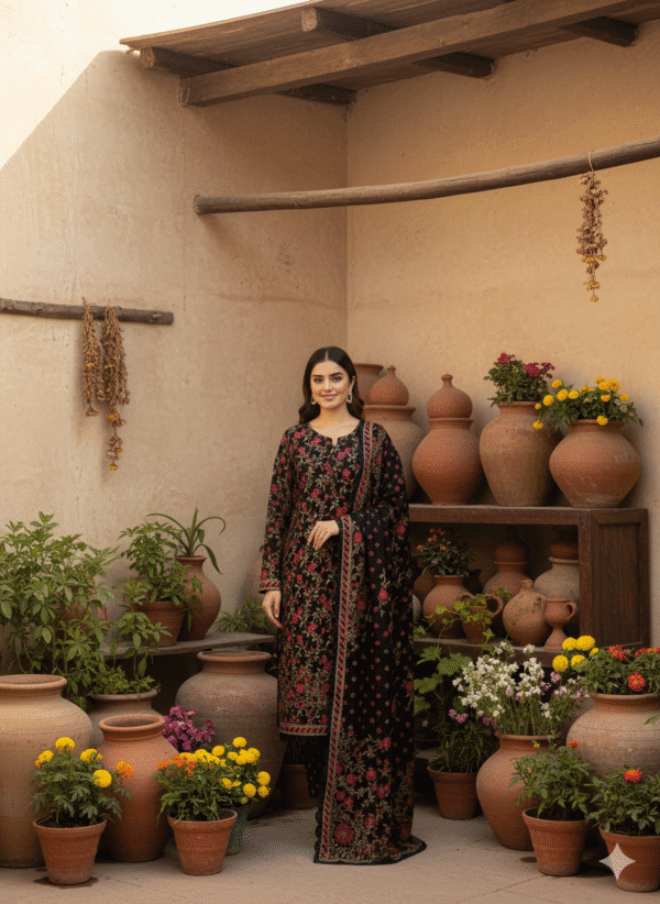 Ebony Rose Dhanak Unstitched Elegance Embroidery Shirt & Printed Trouser and Shawl | H.S-17D