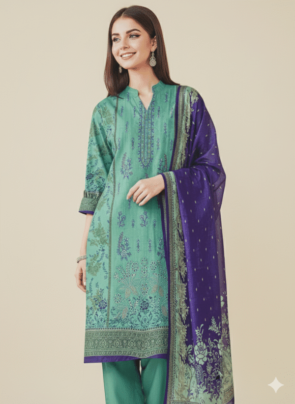 HS Teal Embroidered Shirt Printed Shawl And Trouser| H.S-03L