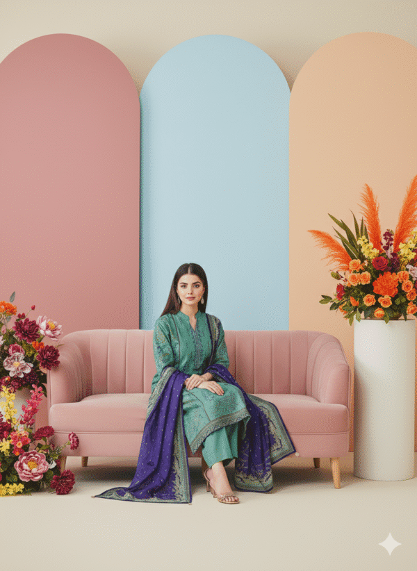 HS Teal Embroidered Shirt Printed Shawl And Trouser| H.S-03L - Image 3