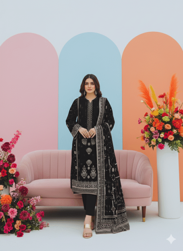 HS Black Embroidered Shirt Printed Shawl And Trouser | H.S-02L