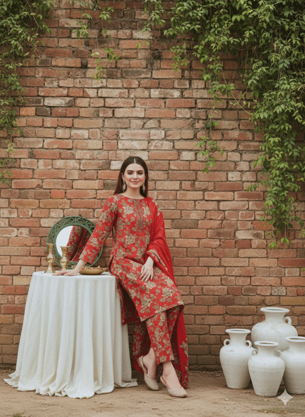 HS Linen Embroidered Shirt Printed Shawl And Trouser | H.S-01L - Image 2