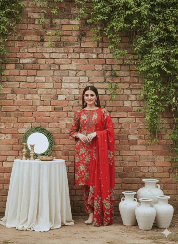 HS Linen Embroidered Shirt Printed Shawl And Trouser | H.S-01L