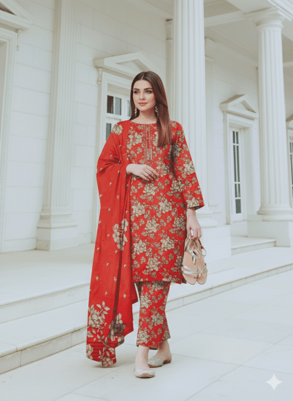 HS Linen Embroidered Shirt Printed Shawl And Trouser | H.S-01L - Image 4