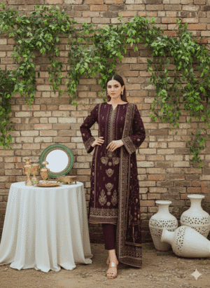 HS Maroon Embroidered Shirt Printed Shawl And Trouser| H.S-05L