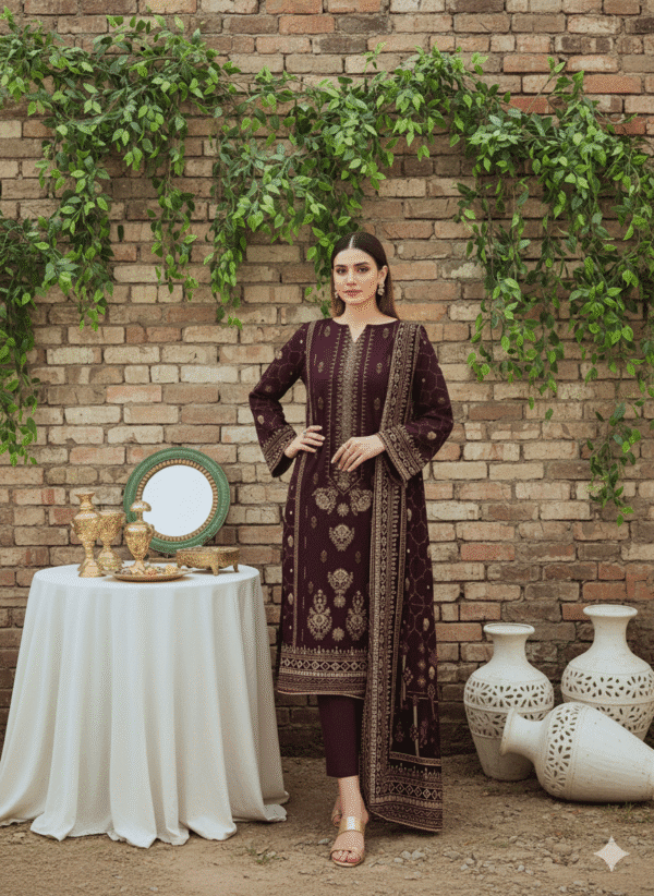 HS Maroon Embroidered Shirt Printed Shawl And Trouser| H.S-05L