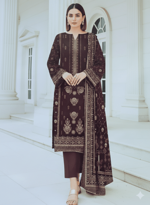 HS Maroon Embroidered Shirt Printed Shawl And Trouser| H.S-05L - Image 2
