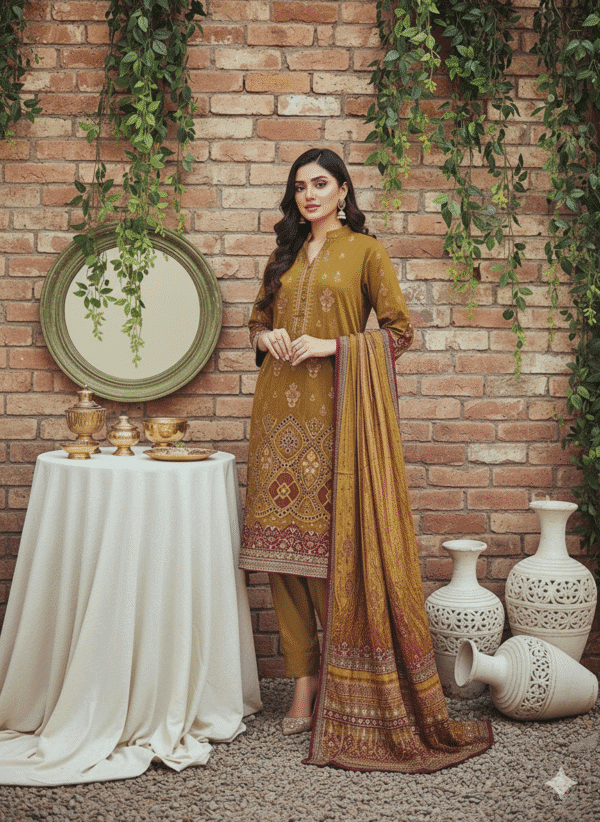 HS Olive Embroidered Shirt Printed Shawl And Trouser | H.S-04L - Image 2