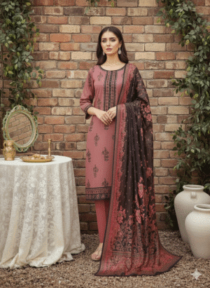 HS Olive Embroidered Shirt Printed Shawl And Trouser | H.S-04L