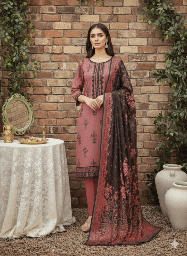 HS Olive Embroidered Shirt Printed Shawl And Trouser | H.S-04L