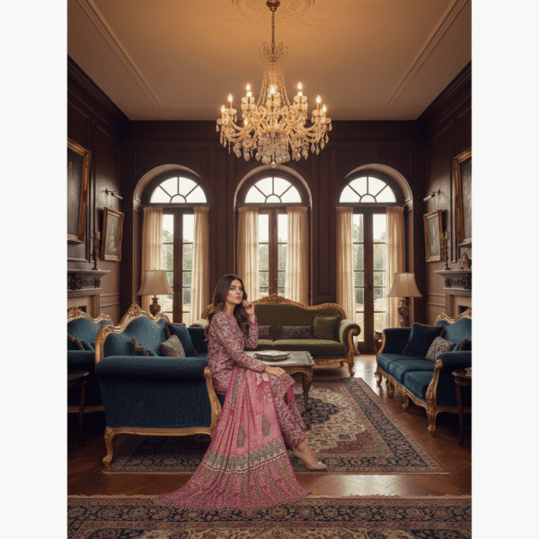 Elegant Pink Floral Linen 3 Piece Suit with Matching Dupatta | H.S-13-L - Image 2