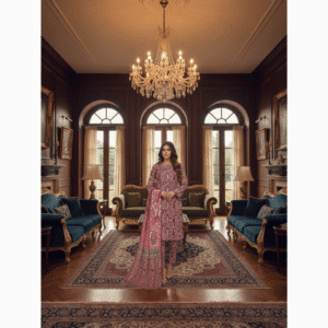 Elegant Pink Floral Linen 3 Piece Suit with Matching Dupatta | H.S-13-L