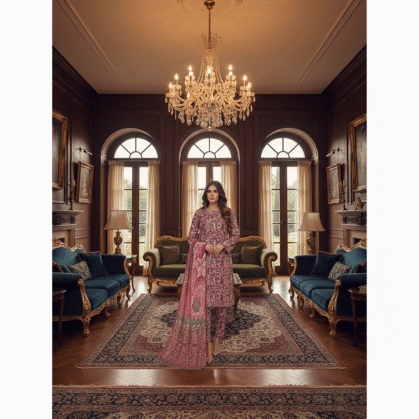 Elegant Pink Floral Linen 3 Piece Suit with Matching Dupatta | H.S-13-L