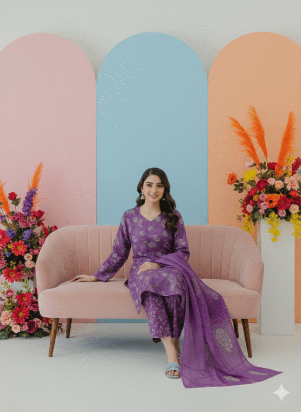 HS Purple Paisley Linen 3 Piece Suit with Matching Dupatta | H.S-11-L - Image 2