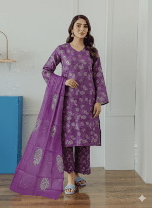 HS Purple Paisley Linen 3 Piece Suit with Matching Dupatta | H.S-11-L