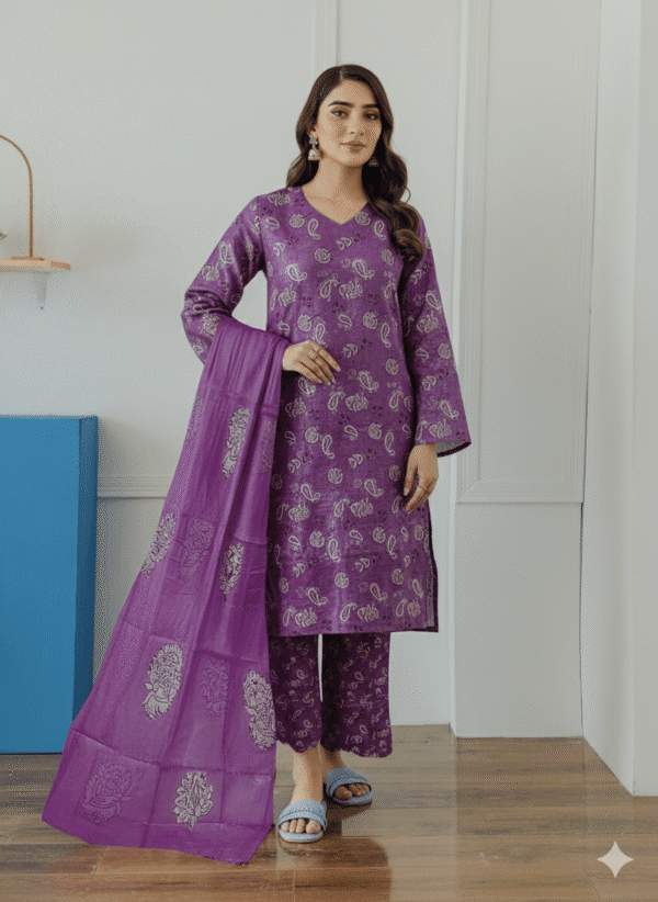 HS Purple Paisley Linen 3 Piece Suit with Matching Dupatta | H.S-11-L