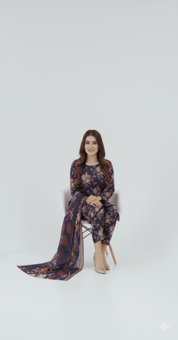 Purple Floral Linen 3 Piece Suit with Matching Dupatta| H.S-12-L - Image 2