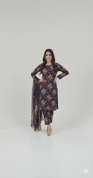 Purple Floral Linen 3 Piece Suit with Matching Dupatta| H.S-12-L