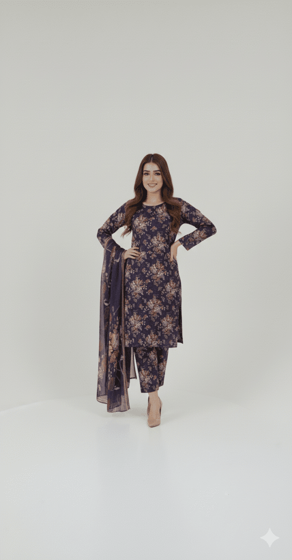 Purple Floral Linen 3 Piece Suit with Matching Dupatta| H.S-12-L