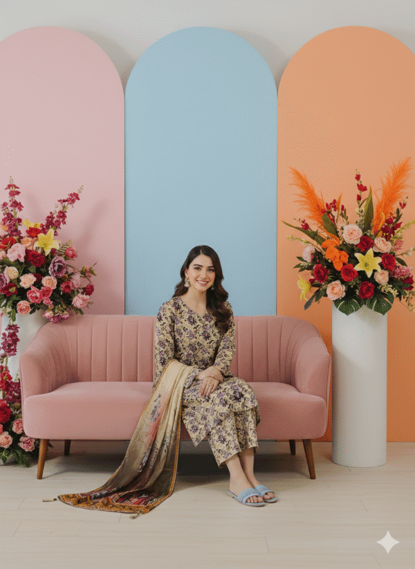 HS Purple Floral Linen 3 Piece Suit with Matching Dupatta | H.S-10-L