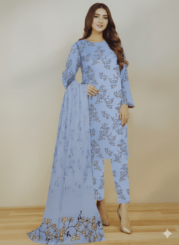 Elegant Blue Floral Linen 3 Piece Suit with Matching Dupatta | H.S-09-L - Image 3