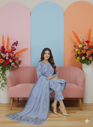 Elegant Blue Floral Linen 3 Piece Suit with Matching Dupatta | H.S-09-L