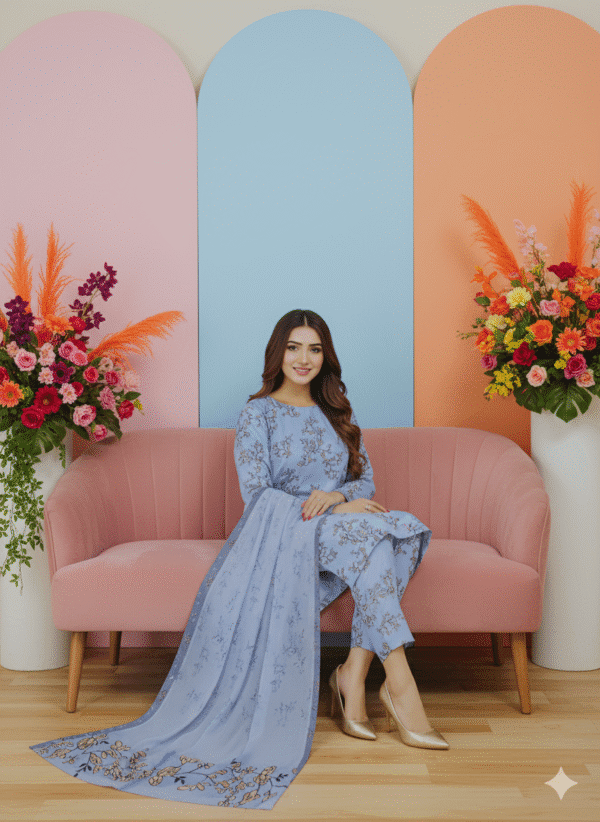 Elegant Blue Floral Linen 3 Piece Suit with Matching Dupatta | H.S-09-L