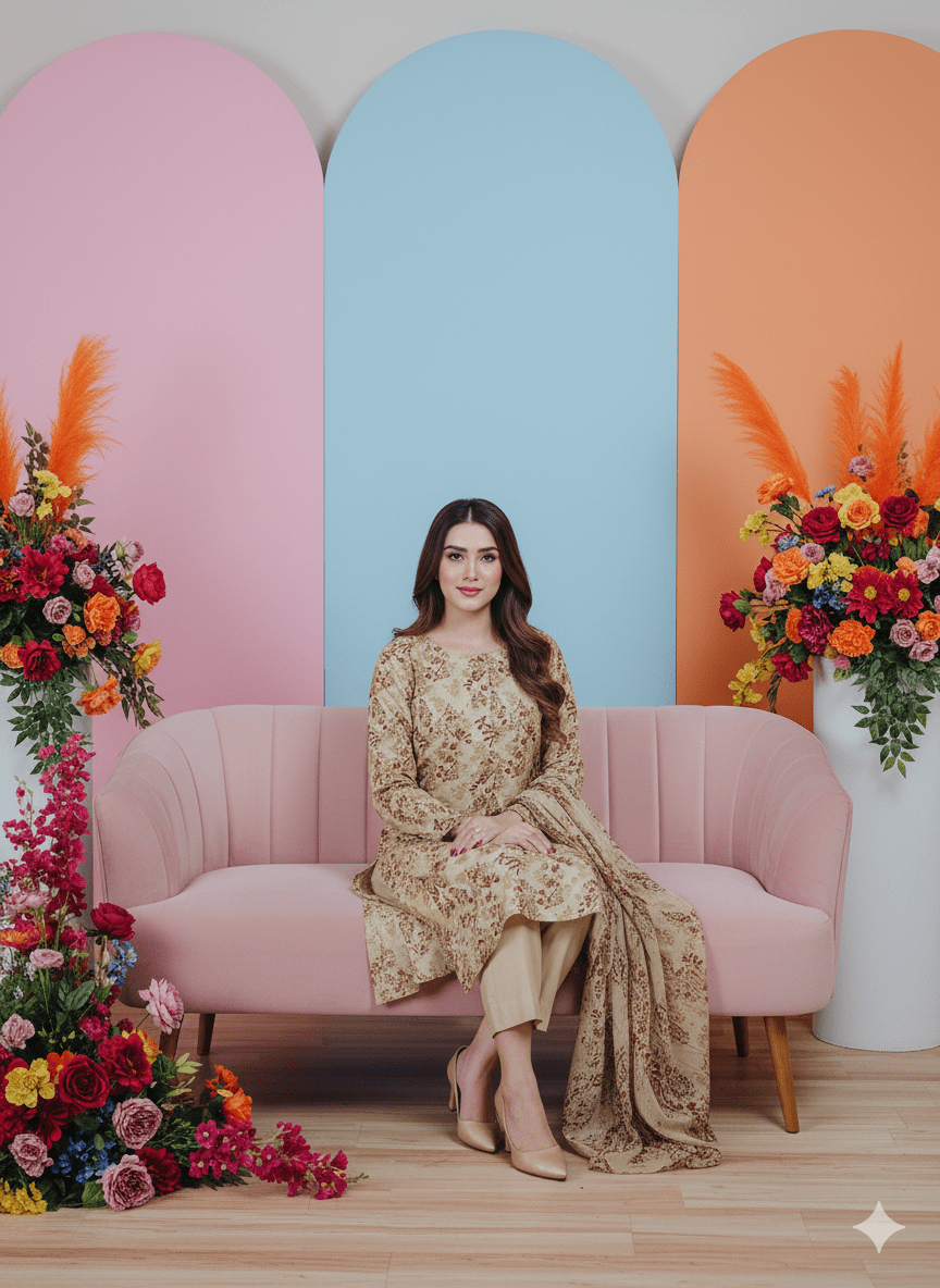 Elegant Floral Linen 3 Piece Suit with Matching Dupatta | H.S-08-L - Image 2