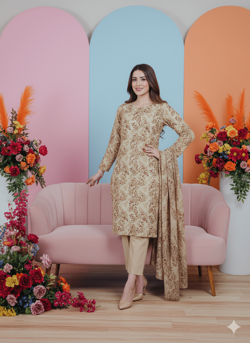 Elegant Floral Linen 3 Piece Suit with Matching Dupatta | H.S-08-L