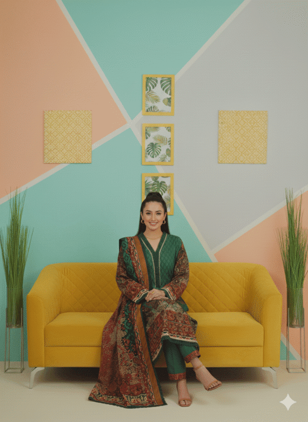 HS PREMIUM PRINTED FOREST GREEN SHIRT WITH PRINTED SHAWL AND TROUSER | H.S-04L - Image 2