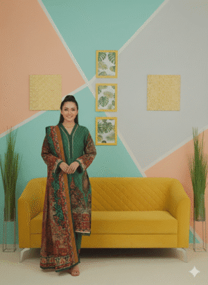 HS PREMIUM PRINTED FOREST GREEN SHIRT WITH PRINTED SHAWL AND TROUSER | H.S-04L