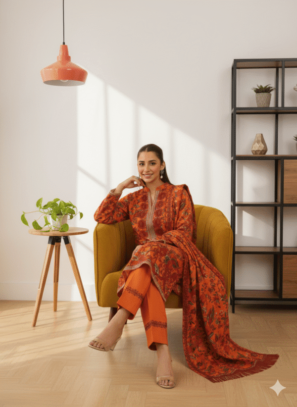 HS PREMIUM PRINTED PEACH SHIRT PRINTED SHAWL AND PRINTED PEACH TROUSER | H.S-08P