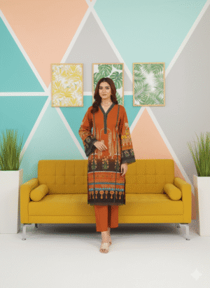 HS PREMIUM PRINTED RUST SHIRT WITH PRINTED SHAWL AND TROUSER | H.S-02P