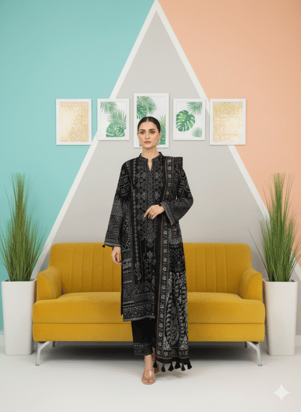 HS PREMIUM PRINTED BLACK SHIRT WITH PRINTED SHAWL AND TROUSER |H.S-03P