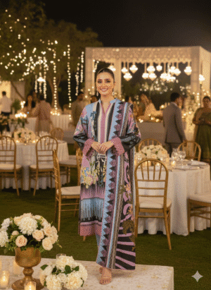 H.S Unstiched Premium Silk Peach Elegant Printed Festive Dress |H.S-06P