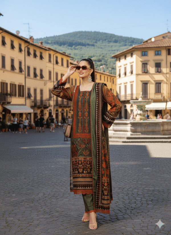 HS PREMIUM PRINTED OLIVE & RUST SHIRT WITH PRINTED SHAWL AND TROUSER |H.S-01P