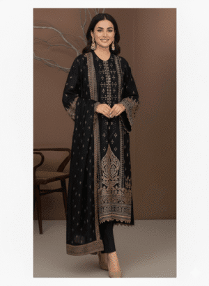 HS Black Embroidered Dhanak  3-Piece Suit - Elegant Shirt, Dupatta & Trouser Set | H.S-08D