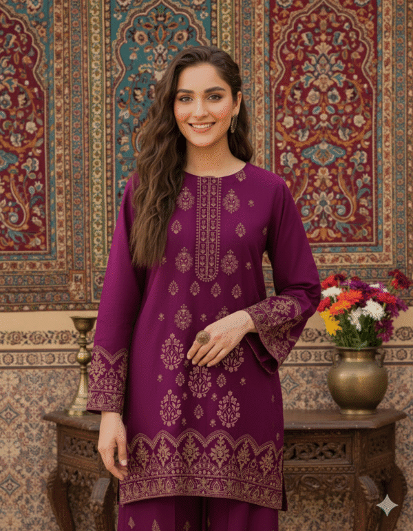 HS Dhanak 3 Piece Embroidery Shirt Printed Dupatta Dyed Trouser| H.S-20D - Image 2