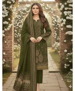 “HS Dhanak 3 Piece Embroidery Shirt Printed Dupatta Dyed Trouser – Olive Green | H.S-19D