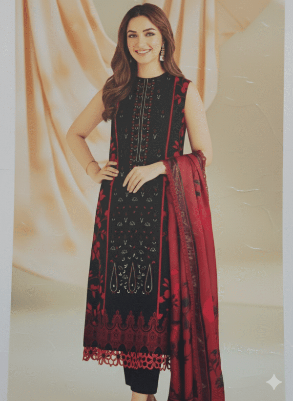 HS Embroidered Black Dhanak Shirt & Red Printed Dhanak 3-Piece Suit