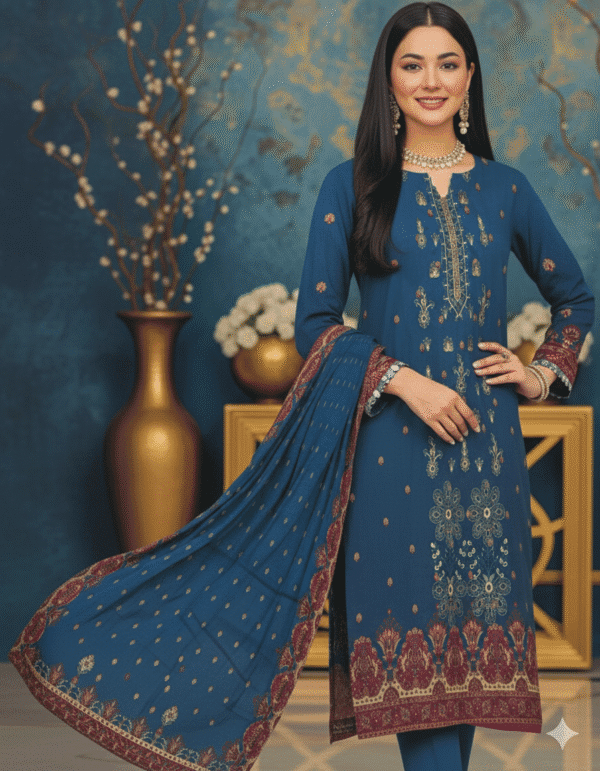 Navy Blue Embroidered Dhanak 3-Piece Suit - HS Luxury Shirt, Dupatta & Trouser Set | H.S-07D - Image 2