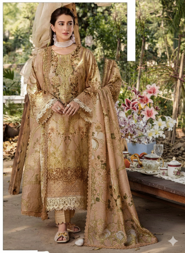 HS Exquisite Beige Embroidered 3-Piece Suit - Elegant Shirt, Dupatta & Trouser Set |H.S-09D - Image 2