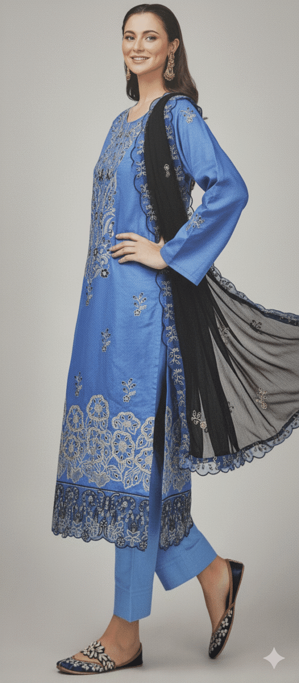 HS Luxurious Blue Viscose 3-Piece with Gold Embroidery | H.S-07V - Image 3
