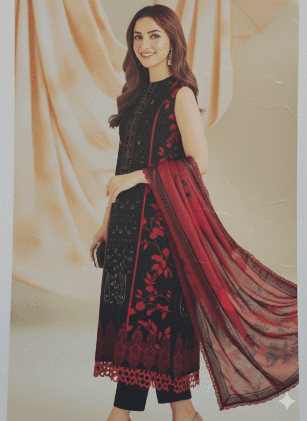 HS Embroidered Black Dhanak Shirt & Red Printed Dhanak 3-Piece Suit - Image 2