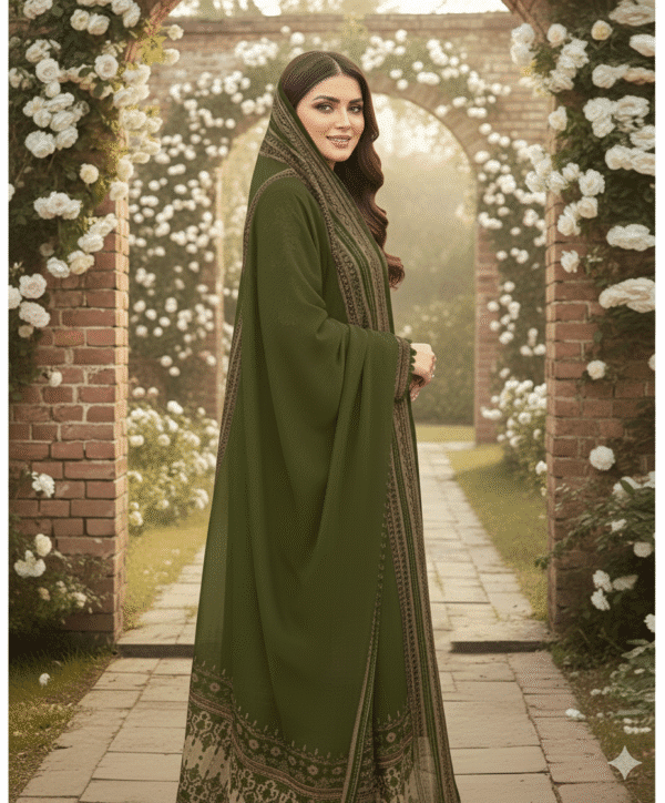 “HS Dhanak 3 Piece Embroidery Shirt Printed Dupatta Dyed Trouser – Olive Green | H.S-19D - Image 3